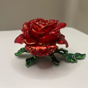Livmore Red Austrian Crystal, Enameled Rose Trinket Box in Goldtone